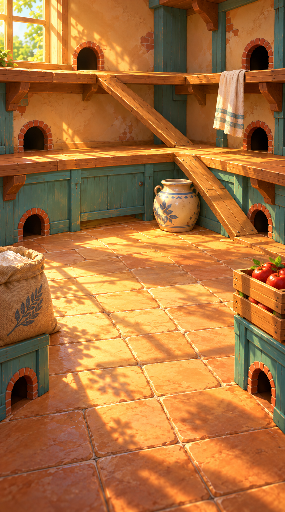 Running Rat's warm pantry, with holes, shelves and sloping wooden routes